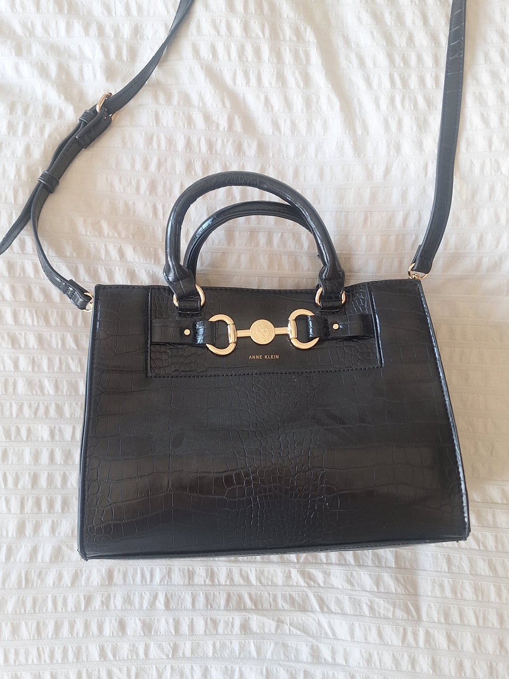 Anne Klein Black Croc-Embossed Satchel with Gold Hardware